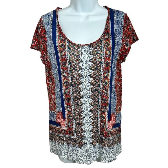 Lucky Brand Boho Top Size Small Short Sleeve Colorful Bohemian Blouse Scoop Neck - Picture 5 of 6